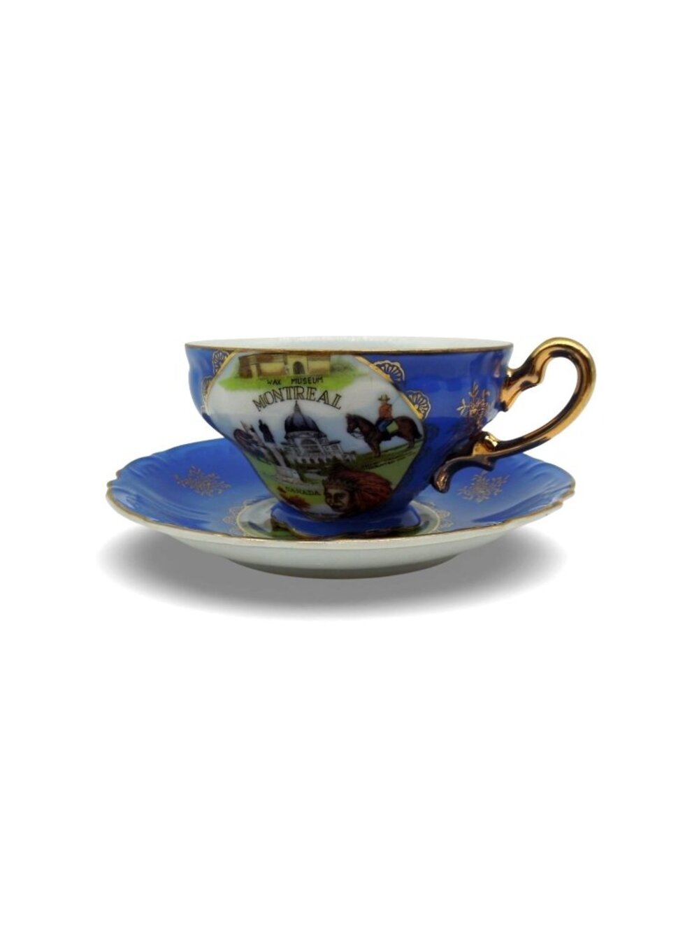 ESD Japan Montreal Canada Souvenir Teacup Set Blue and Gold Vintage